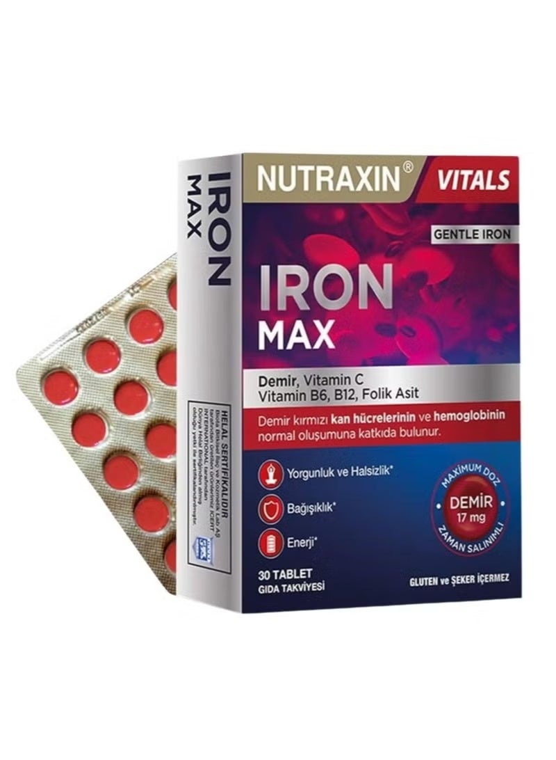 Nutraxin Iron Max Time Release Formula With Vitamin C, B6, B12 and Folic Acid Red Cells and Hemoglobin formation 30 Tablets - Image 1